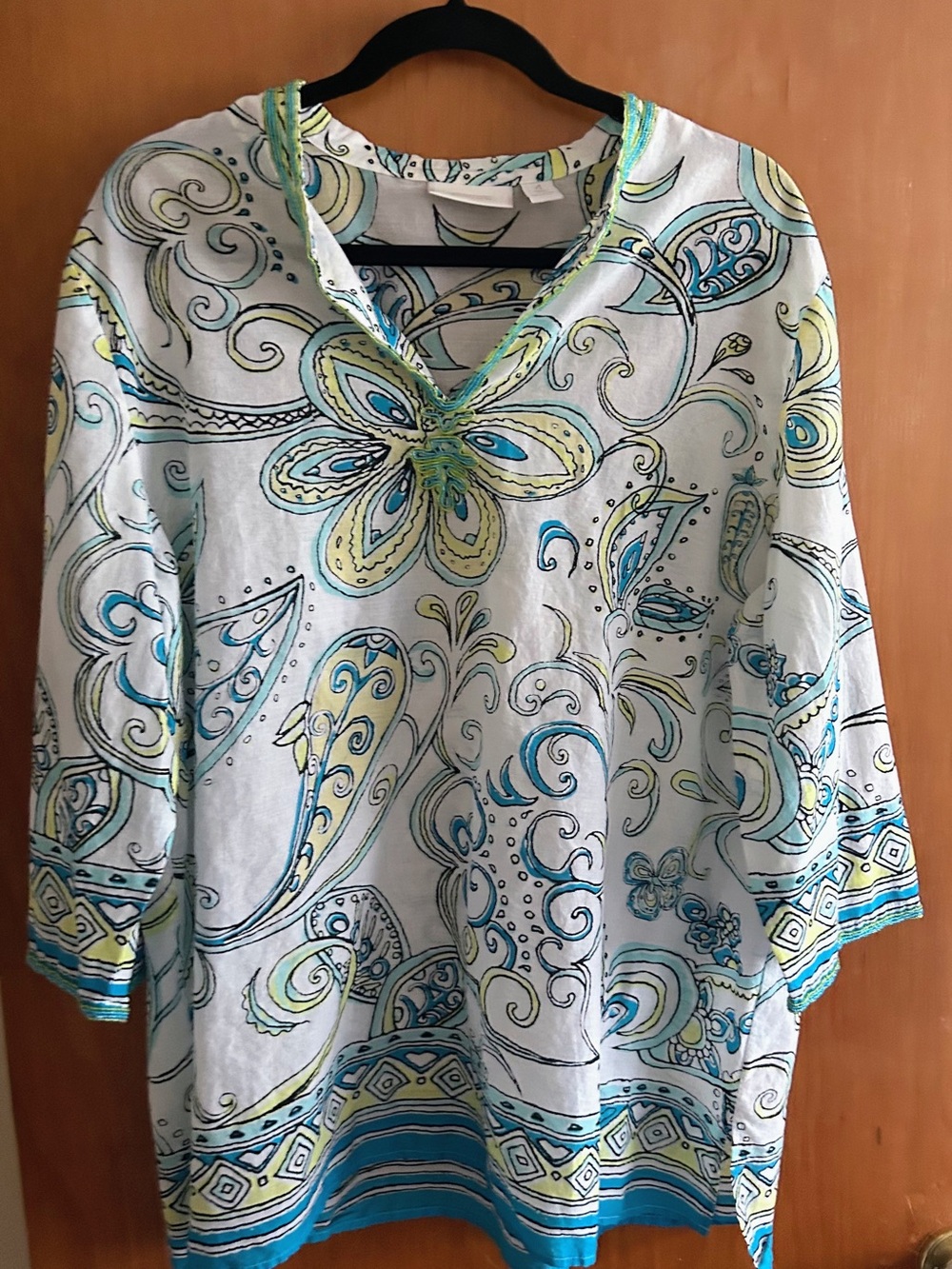 Chico's White Tunic with Teal & Lime Paisley